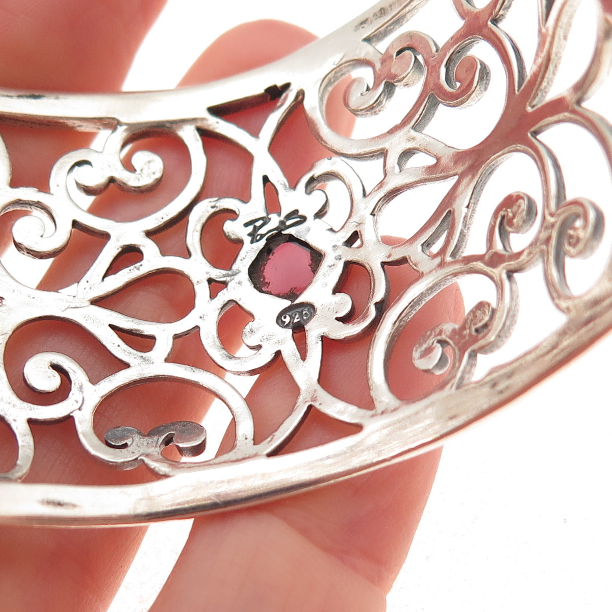 925 Sterling Silver Vintage Real Red Garnet Floral Adjustable Bracelet 7.25"