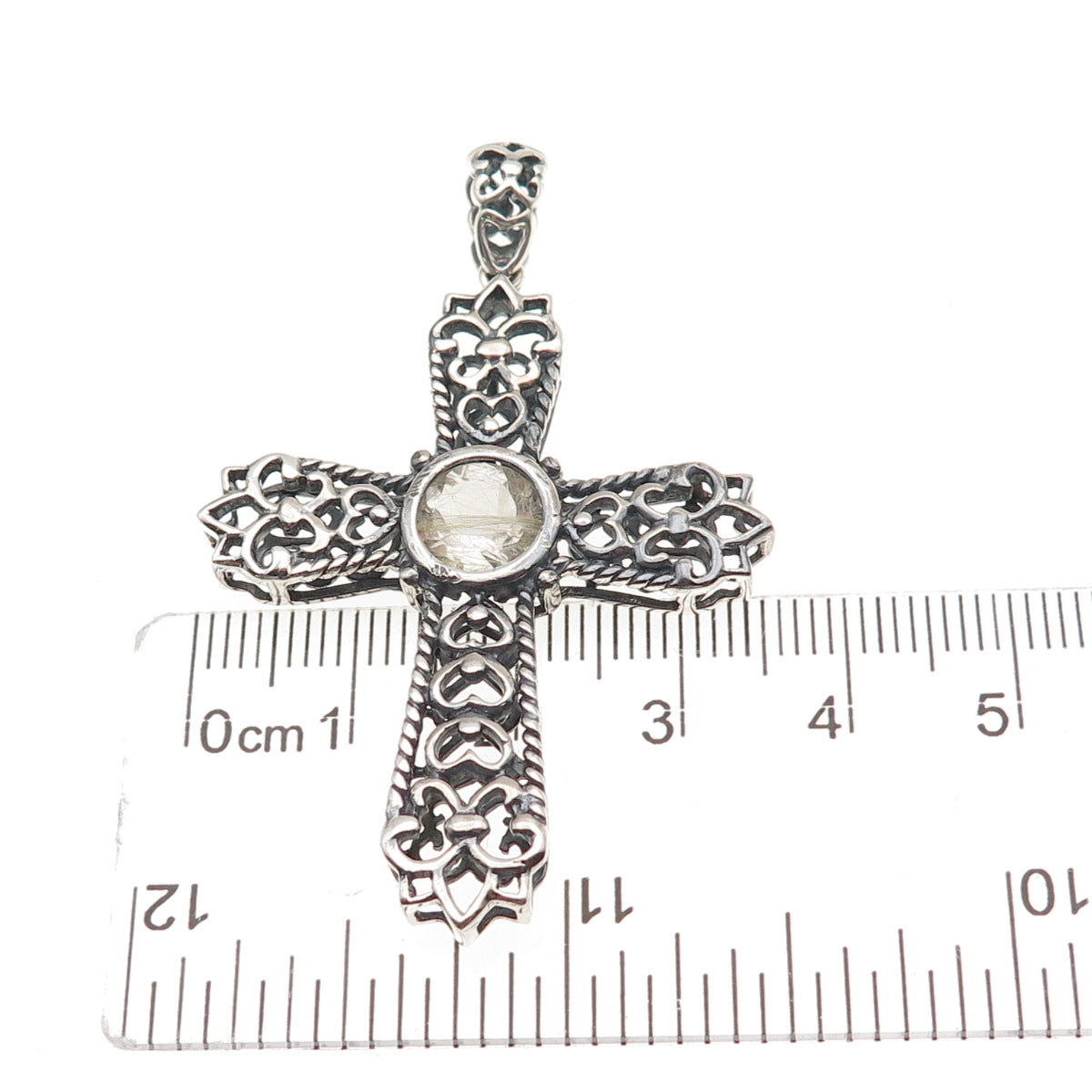 925 Sterling Vintage Real Rutilated Quartz Cross Fleur de Lis Charm Pendant