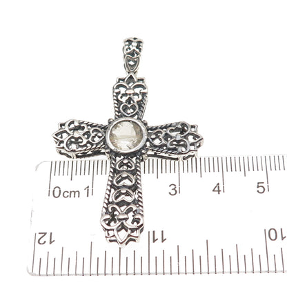925 Sterling Vintage Real Rutilated Quartz Cross Fleur de Lis Charm Pendant