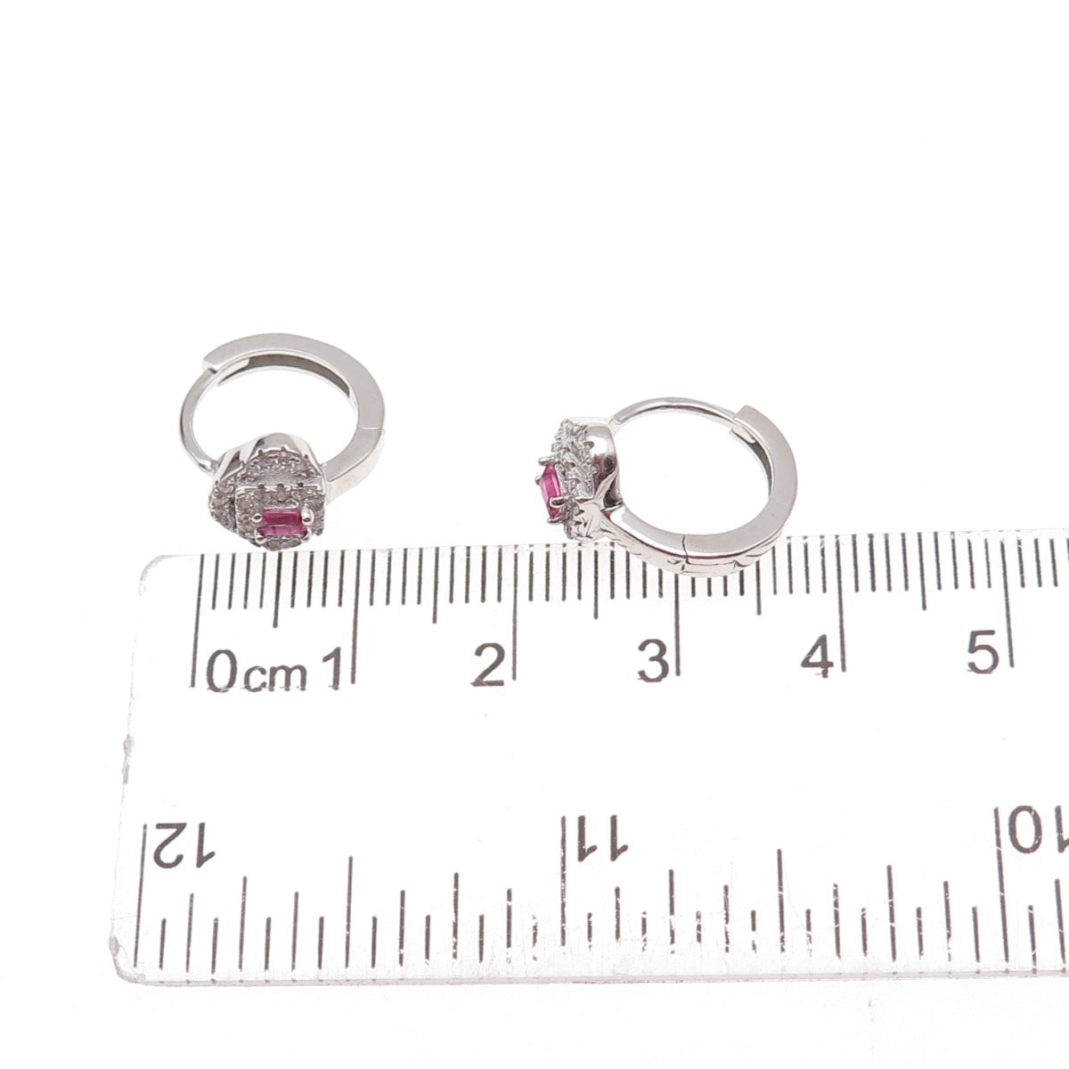 925 Sterling Silver Pink & White C Z Hoop Earrings