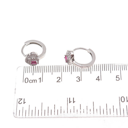 925 Sterling Silver Pink & White C Z Hoop Earrings