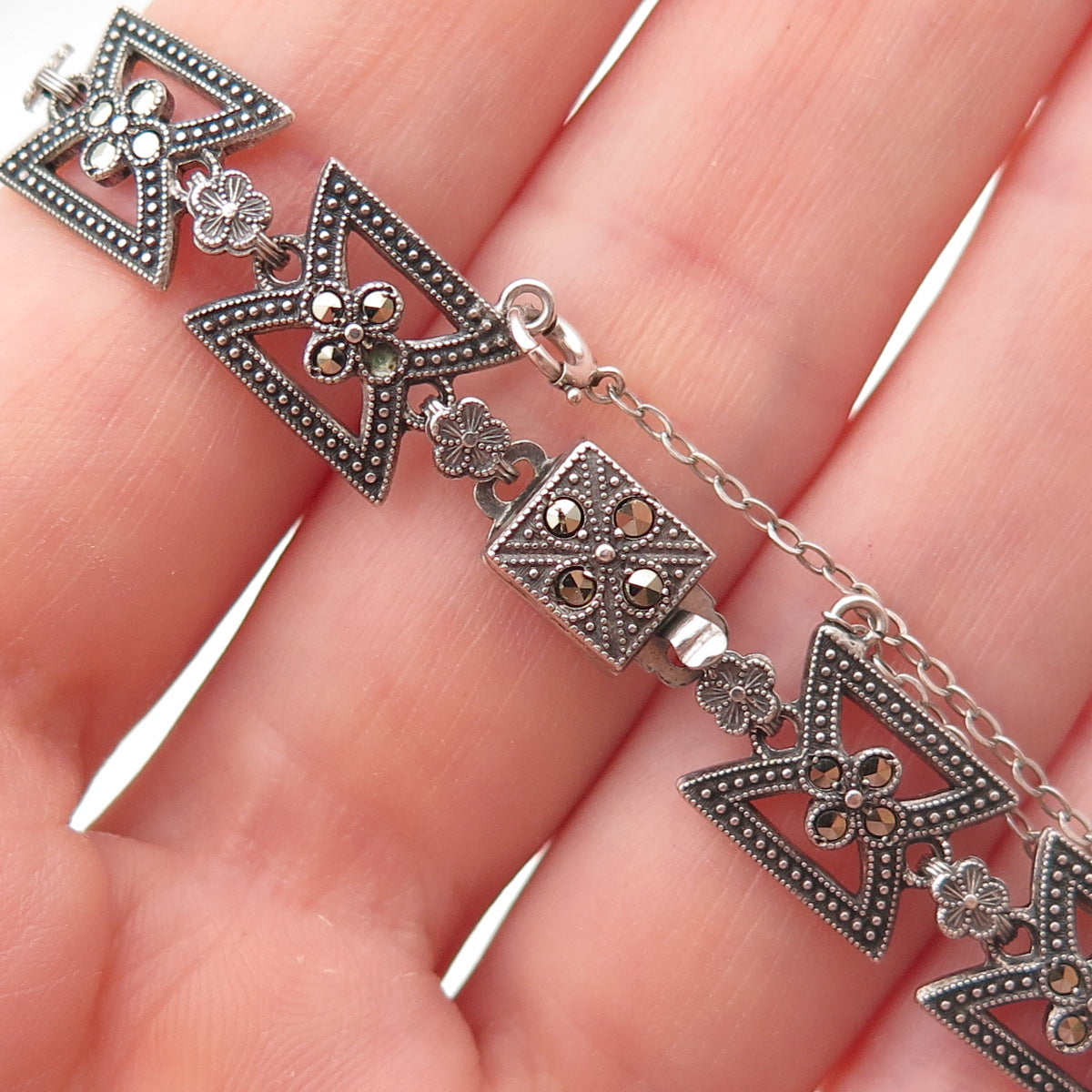 925 Sterling Silver Antique Art Deco Real Marcasite Floral Bracelet 7.25"