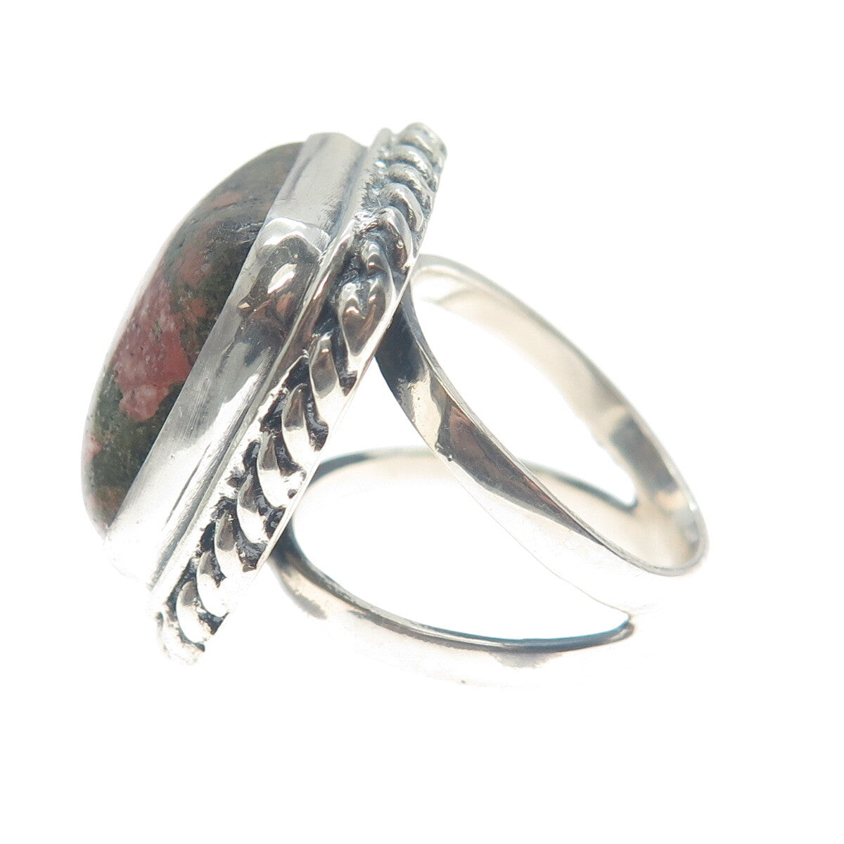 925 Sterling Silver Vintage Real Cushion-Cut Unakite Roped Bezel Ring Size 8.25