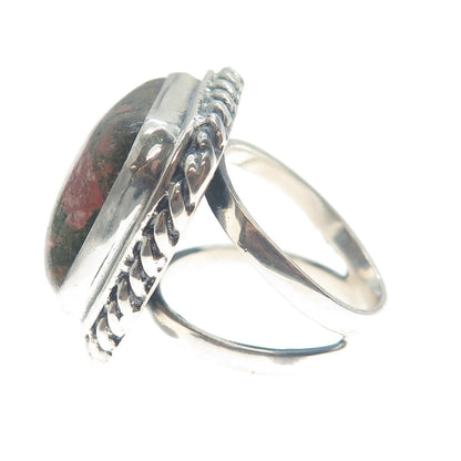 925 Sterling Silver Vintage Real Cushion-Cut Unakite Roped Bezel Ring Size 8.25