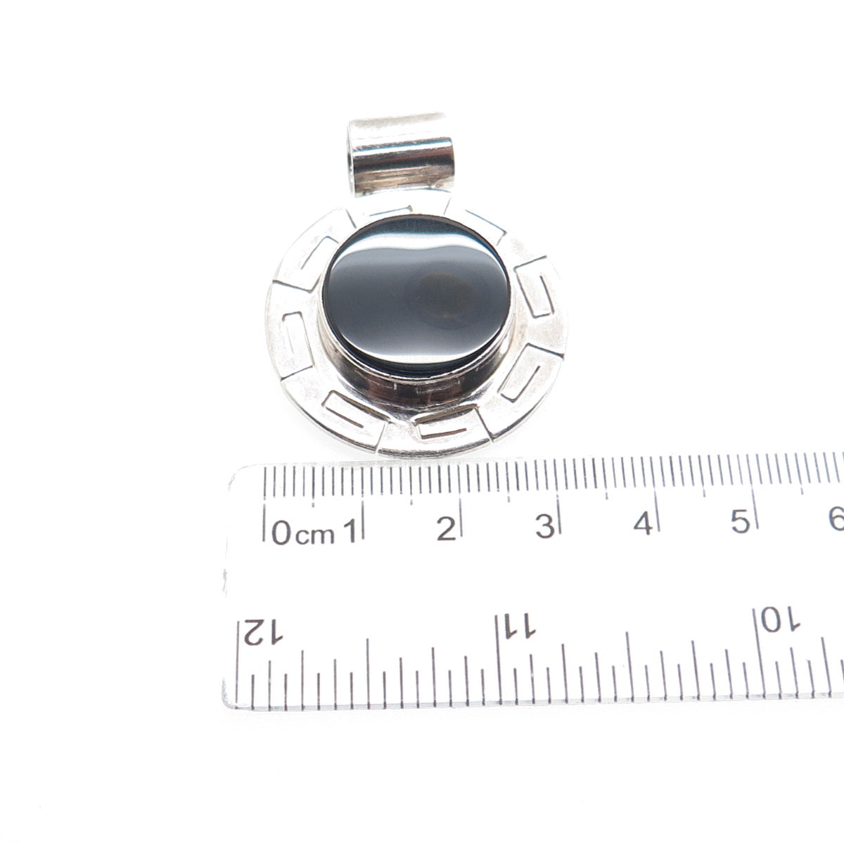 925 Sterling Silver Vintage CII Mexico Real Black Onyx Greek Key Slide Pendant