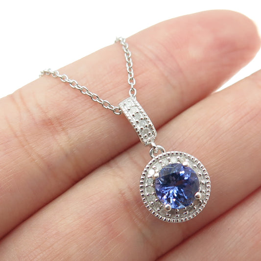 925 Sterling Silver Real Round-Cut Diamond & Tanzanite Cable Chain Necklace 18"