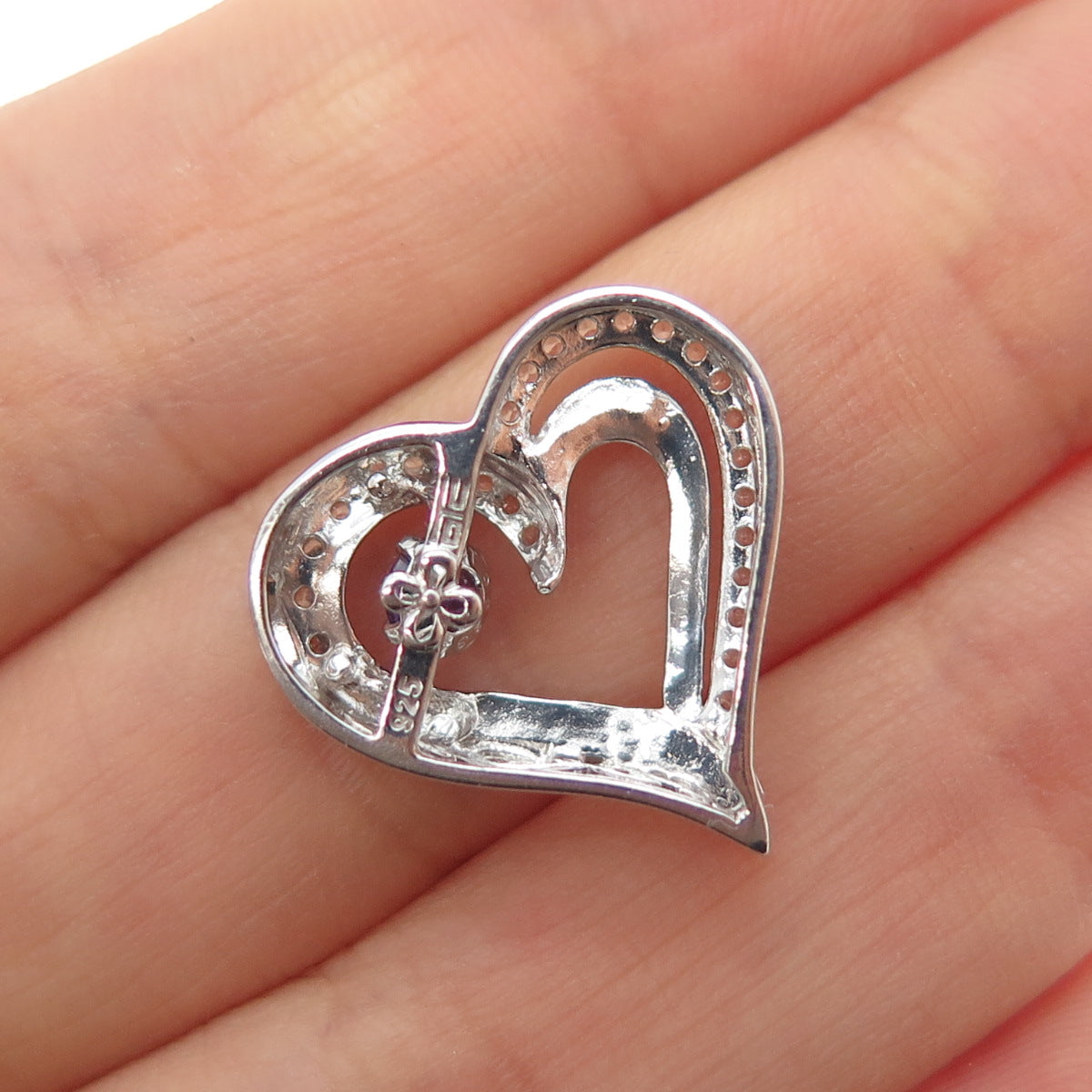 925 Sterling Silver Real Amethyst & White Topaz Heart Mini Slide Charm Pendant