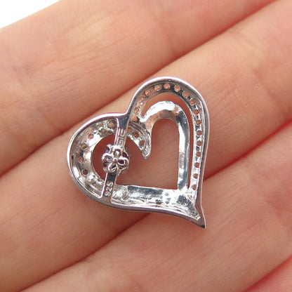 925 Sterling Silver Real Amethyst & White Topaz Heart Mini Slide Charm Pendant