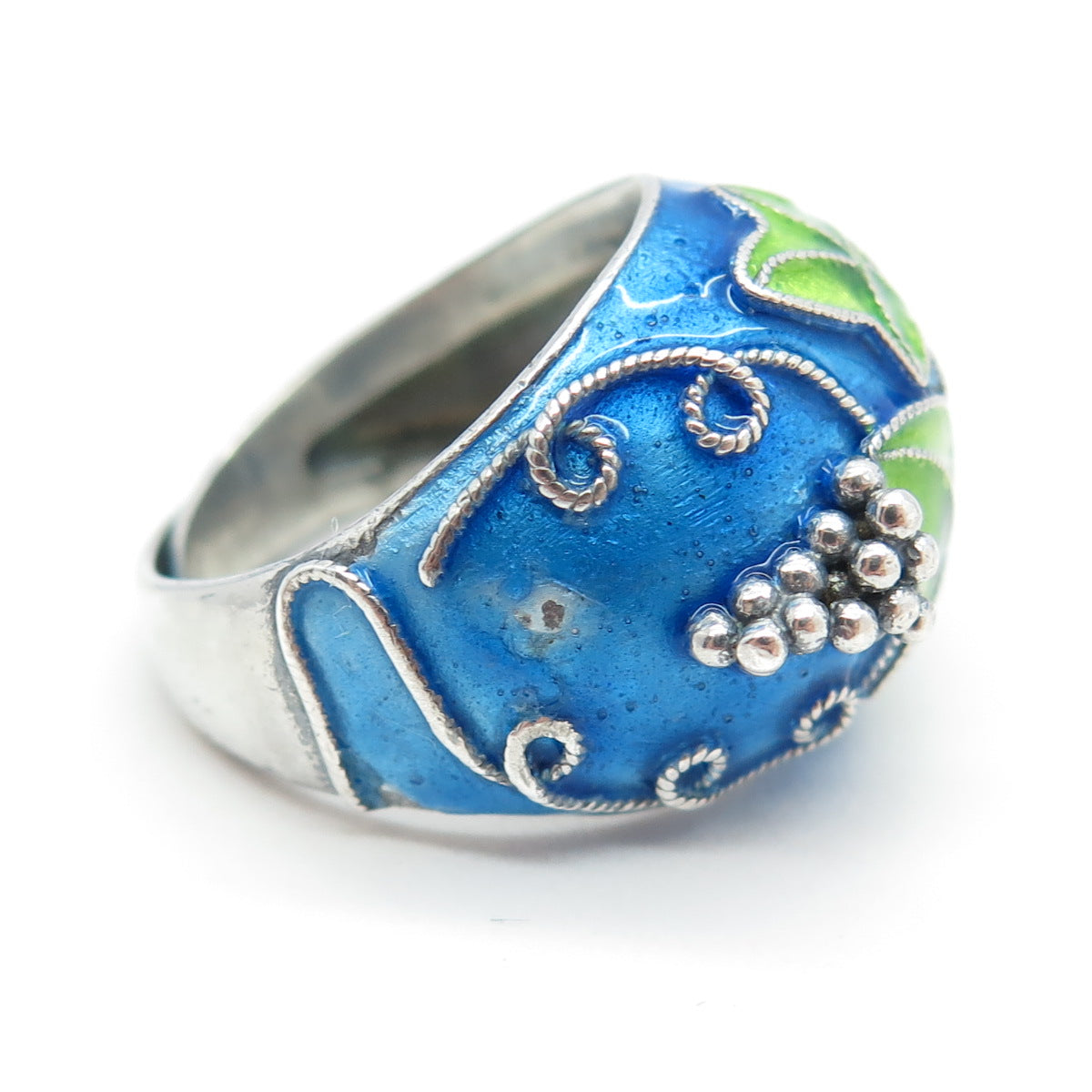 925 Sterling Silver Antique Chinese Enamel Grape Vine Adjustable Ring Size 6