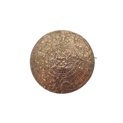 925 Sterling Silver 2-Tone Vintage Mexico Mayan Calendar Pin Brooch / Pendant