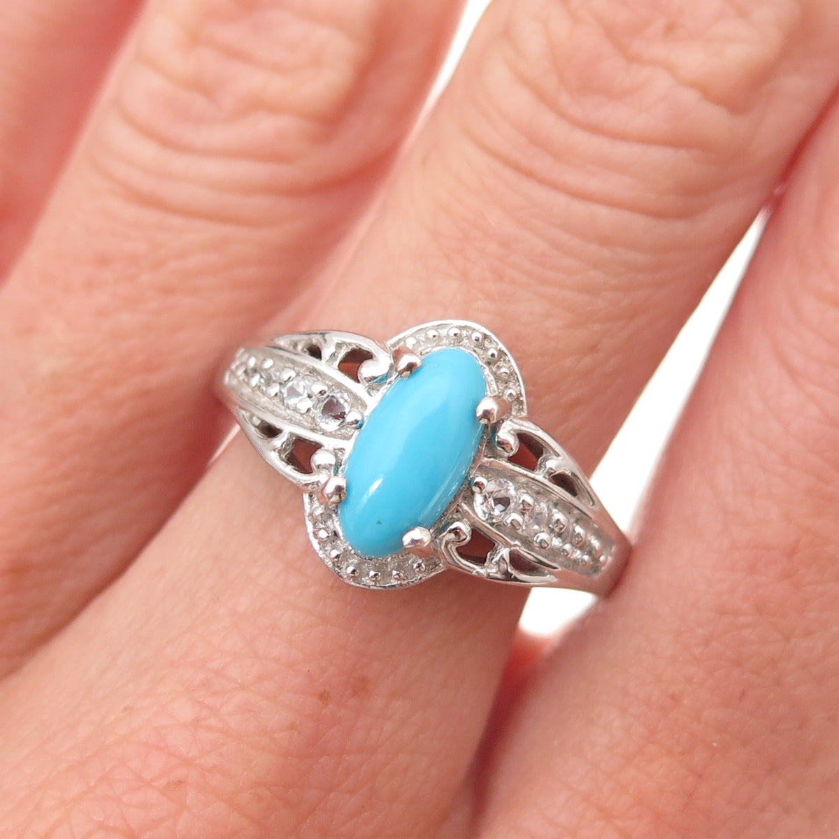 Chuck Clemency 925 Sterling Silver Real Turquoise & White Topaz Ring Size 8