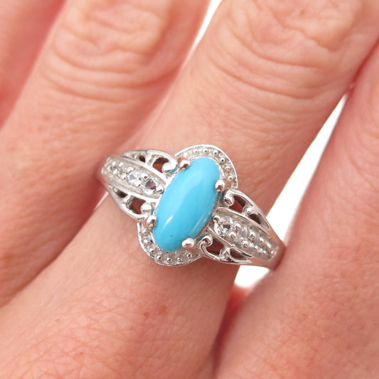 Chuck Clemency 925 Sterling Silver Real Turquoise & White Topaz Ring Size 8