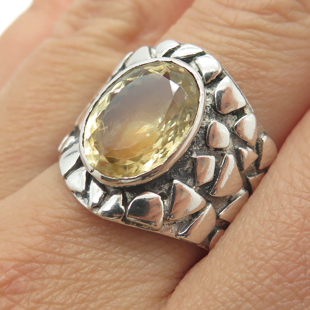 925 Sterling Silver Vintage Real Citrine Gemstone Pebble Wide Ring Size 9