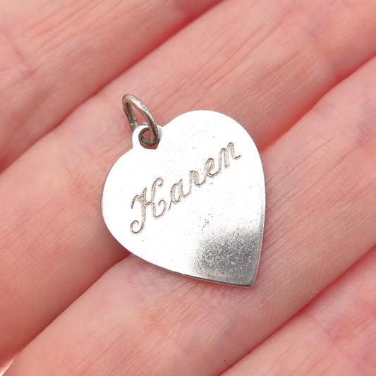 WELLS 925 Sterling Silver Vintage Engraved Karen Heart Mini Charm Pendant
