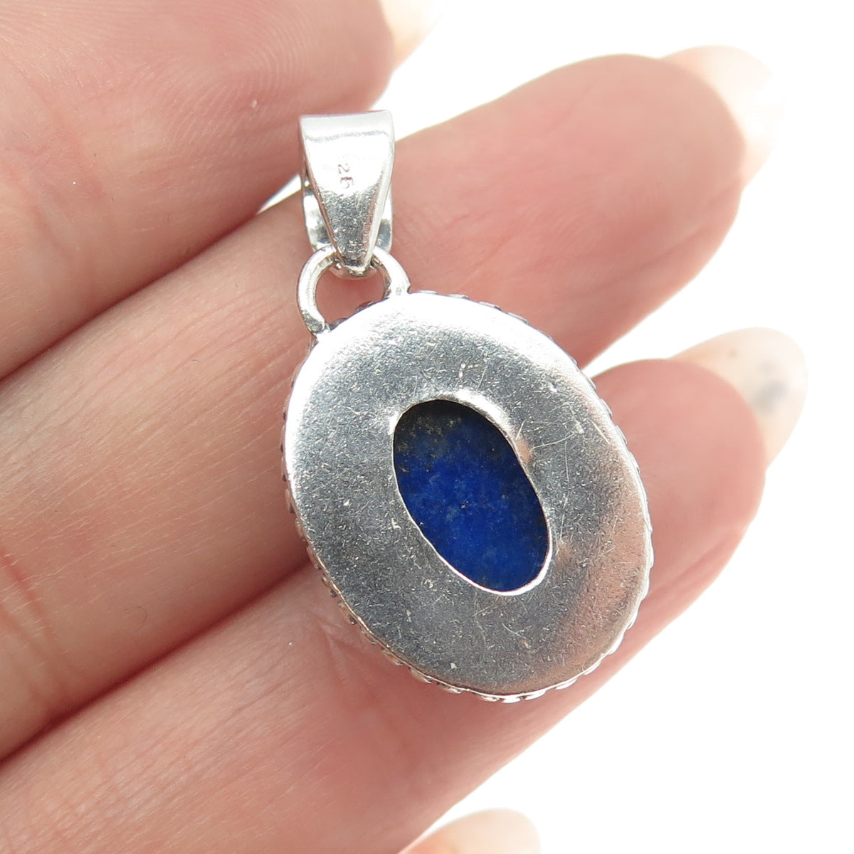 925 Sterling Silver Vintage Real Lapis Lazuli Granulated Pendant