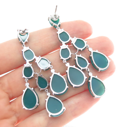 925 Sterling Silver Real Pear-Cut Green Onyx Chandelier Dangle Earrings