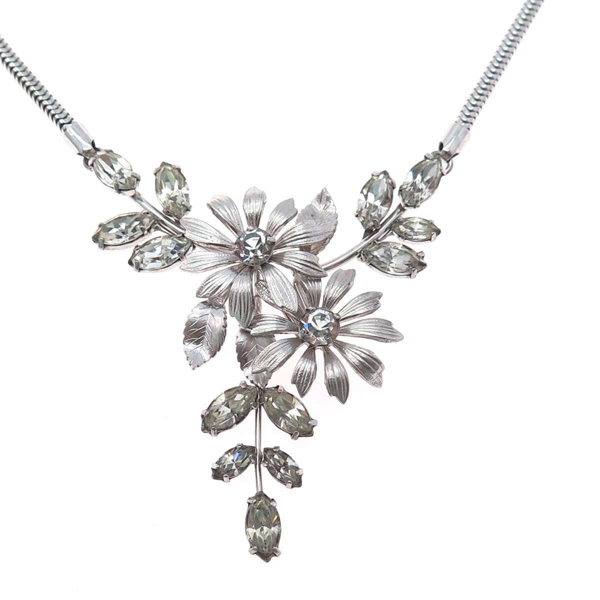 KREMENTZ 925 Sterling Silver Vintage Rhinestone Flower Snake Chain Necklace 16"