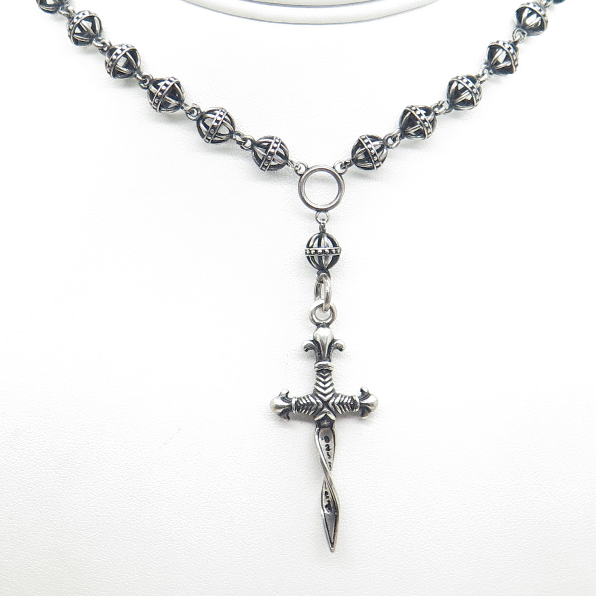 TWISTED BLADE 925 Sterling Silver Vintage Dagger Ball / Bead Chain Necklace 20"