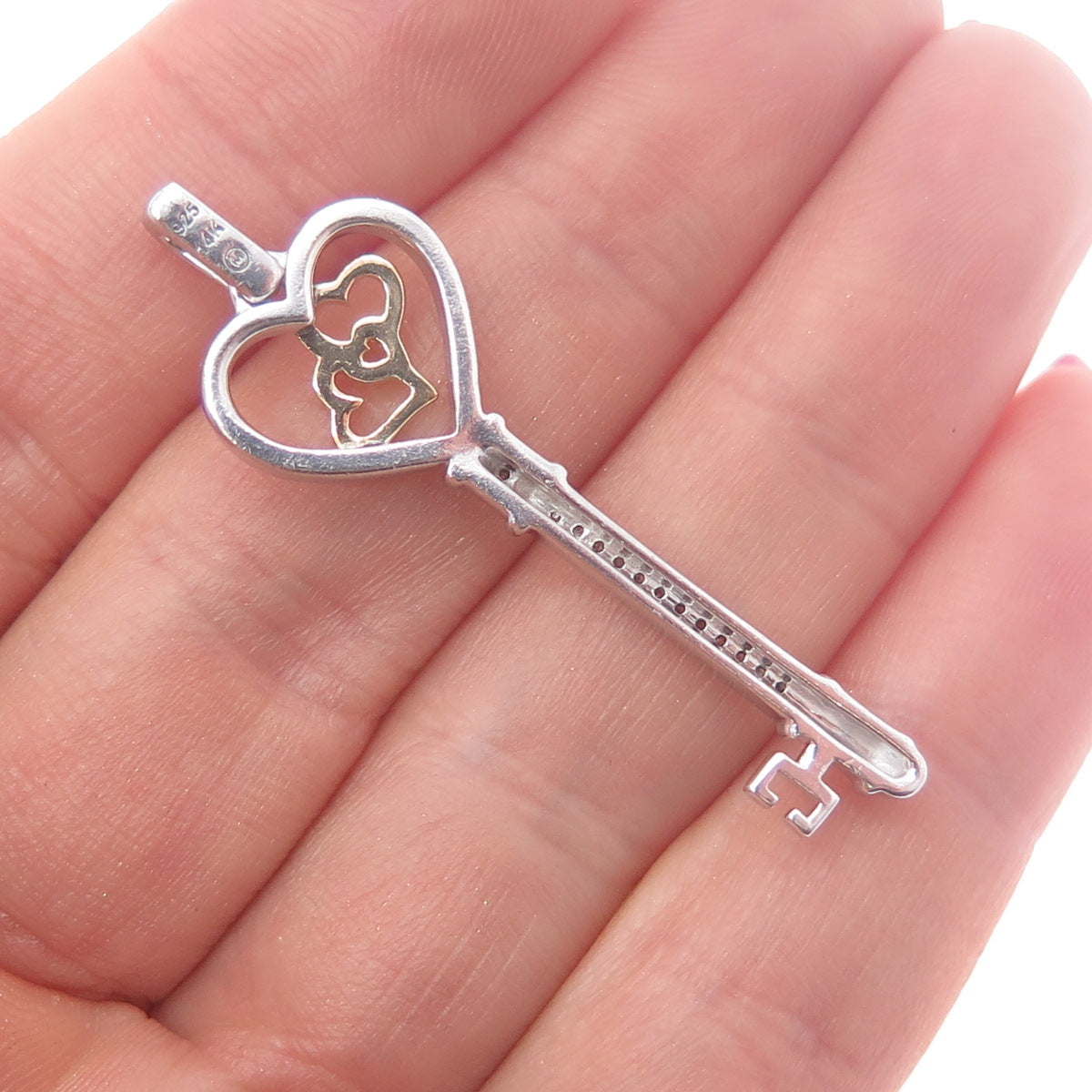 925 Sterling Silver 14K Gold Real Diamond Couple Heart Key Charm Pendant