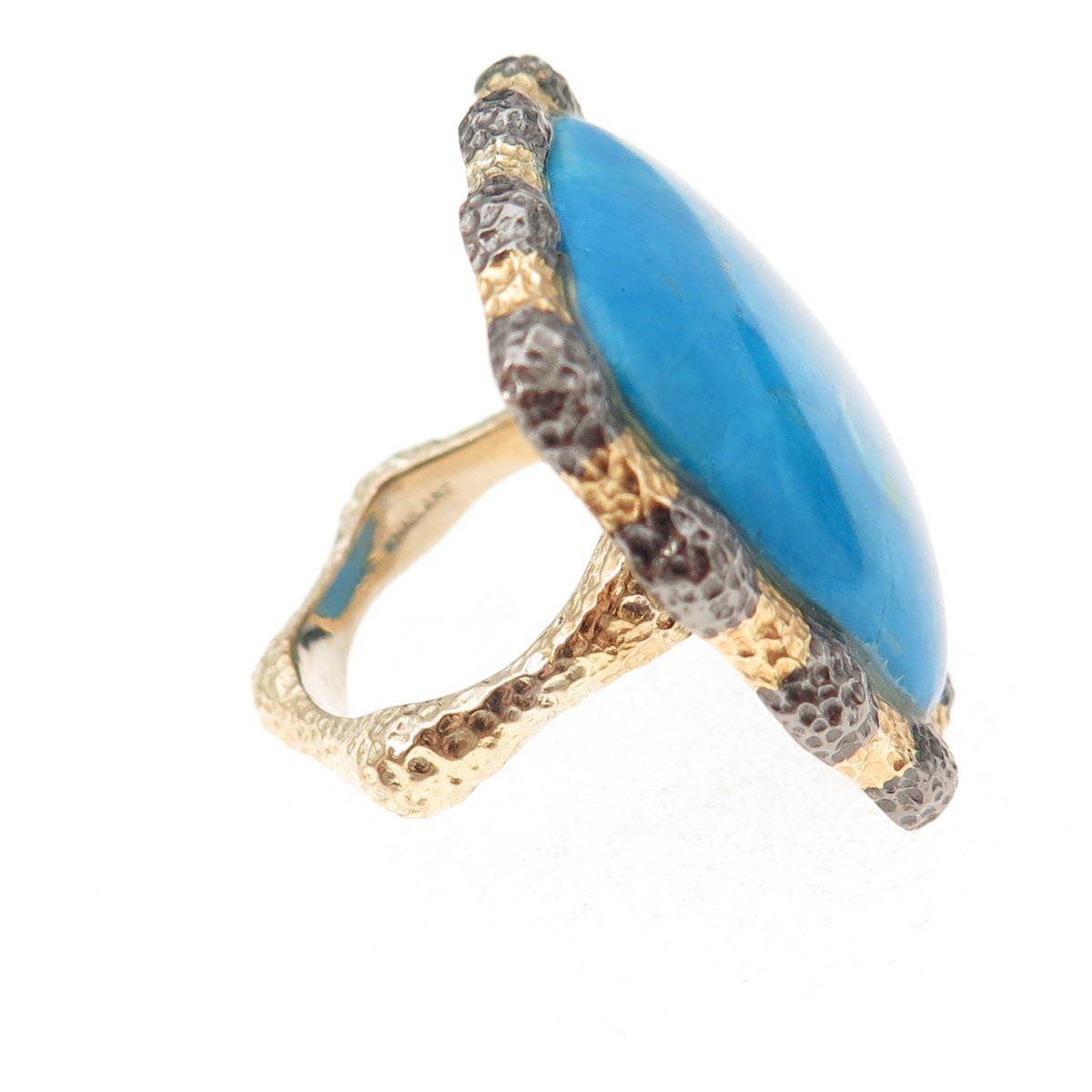 925 Sterling Silver Gold Plated Black Rhodium Vintage Turquoise Ring Size 7.25