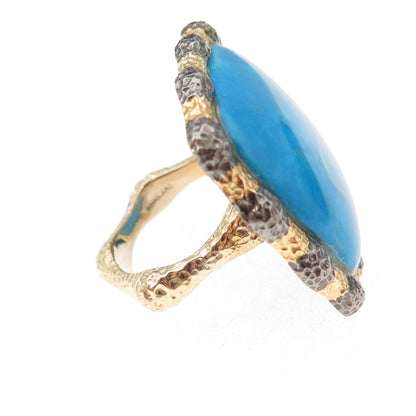 925 Sterling Silver Gold Plated Black Rhodium Vintage Turquoise Ring Size 7.25