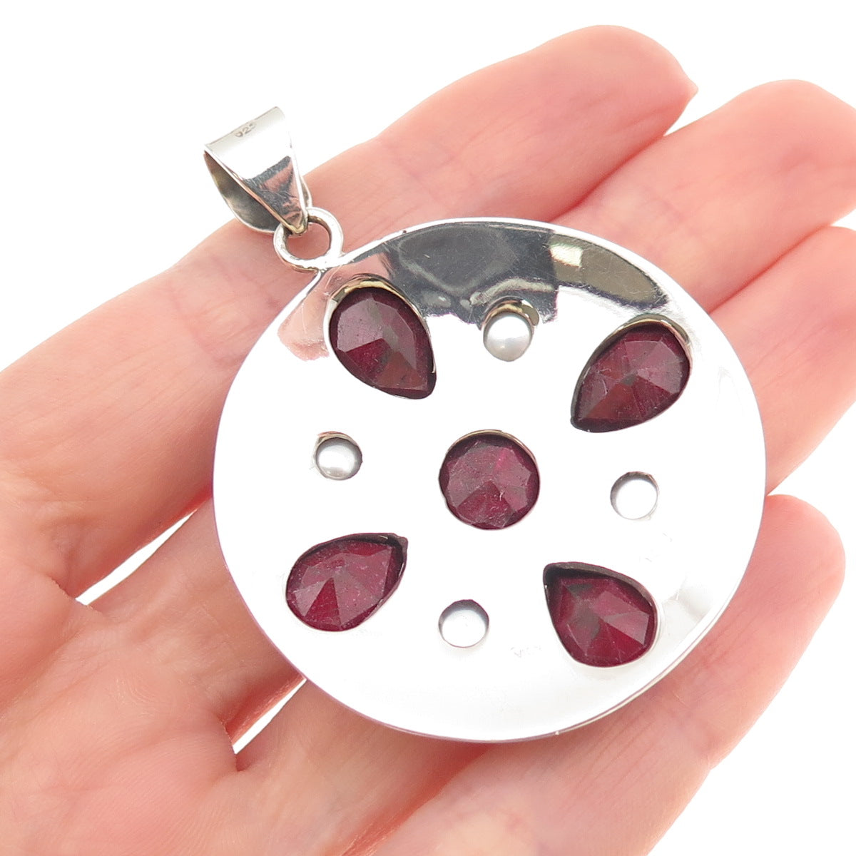 Fadi 925 Sterling Silver Vintage Real Ruby & Pearl Modernist Disc Pendant