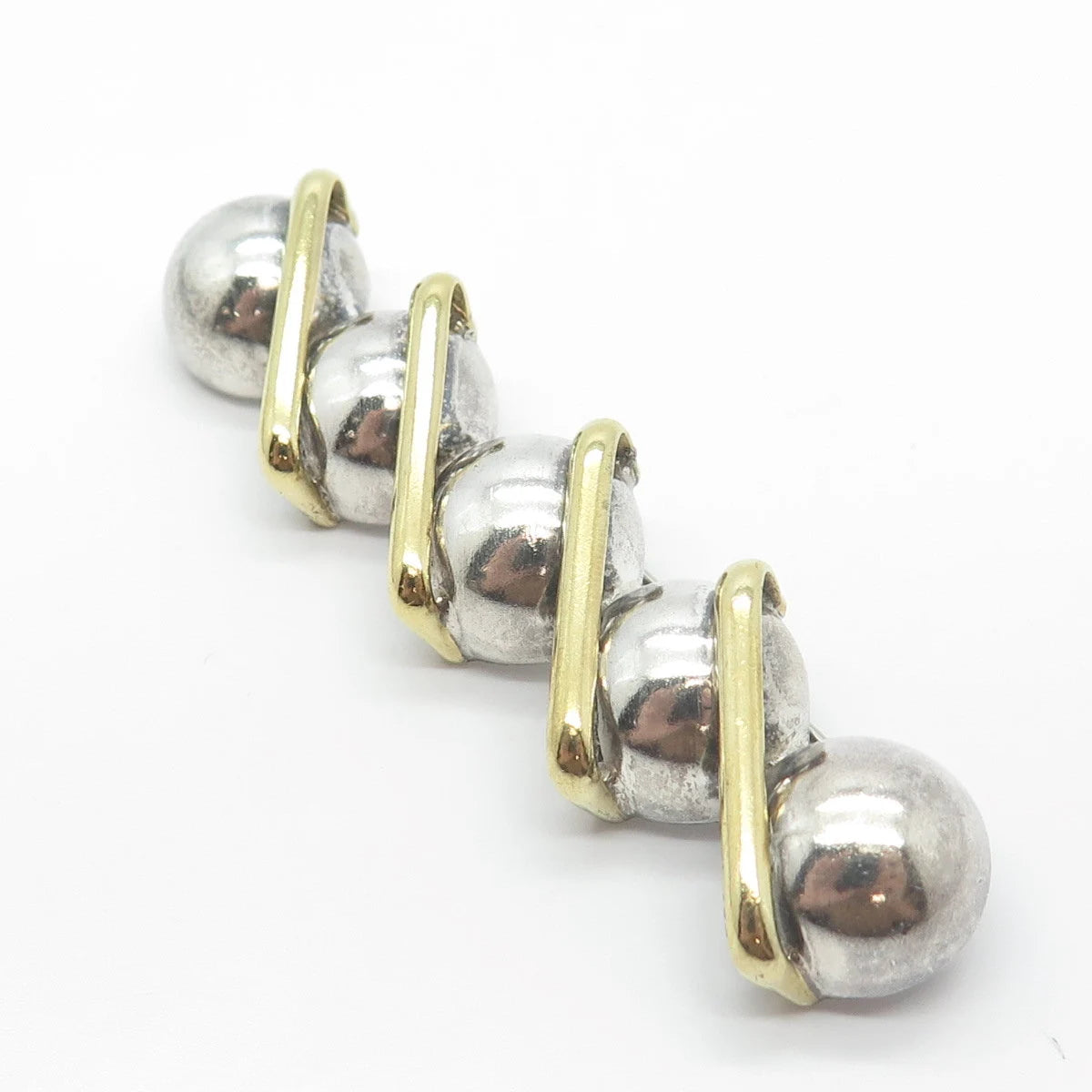 925 Sterling Silver 2-Tone Vintage Mexico Bar & Bead Pin Brooch