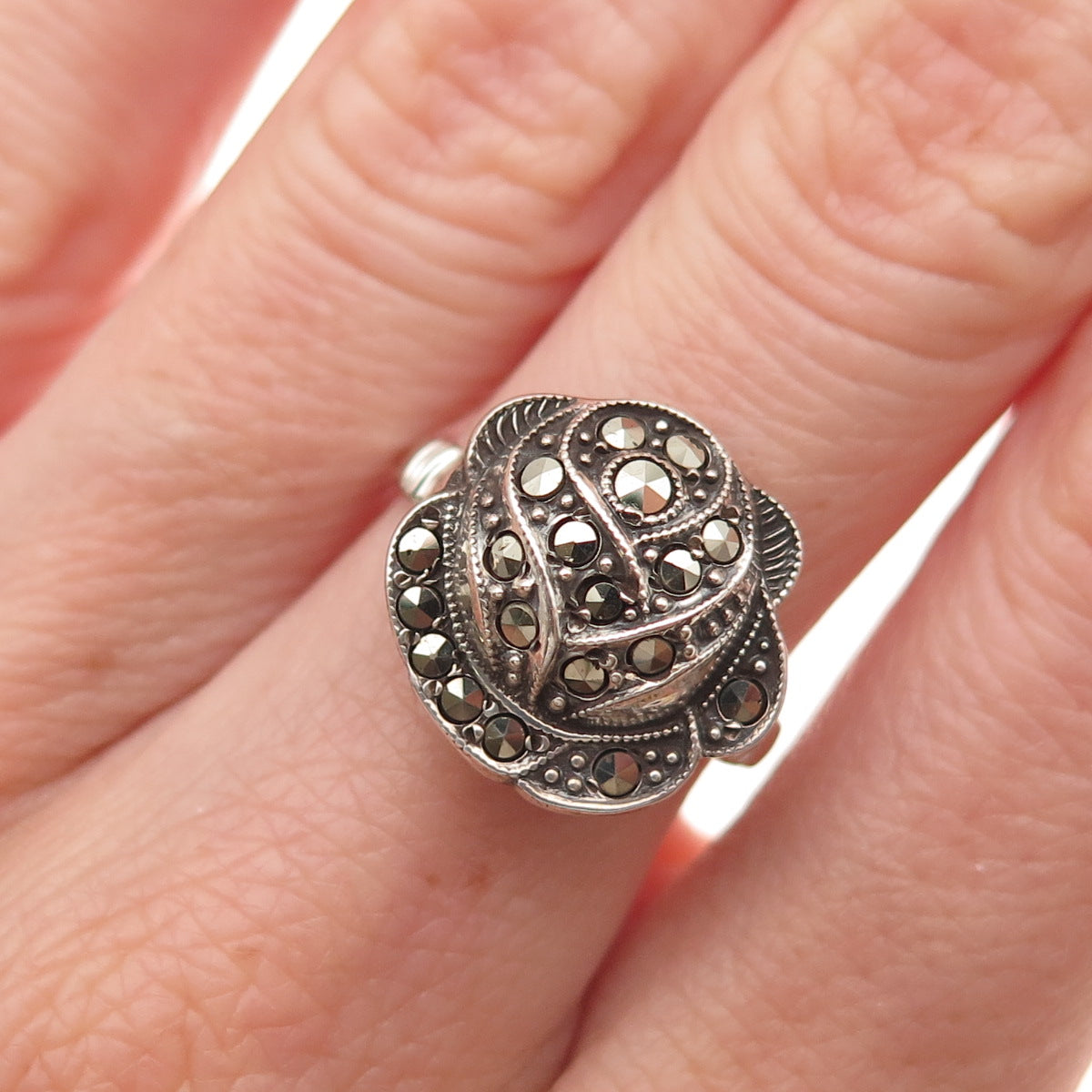 Uncas Sterling Silver Antique Art Deco Real Marcasite Rose Flower Ring Size 7