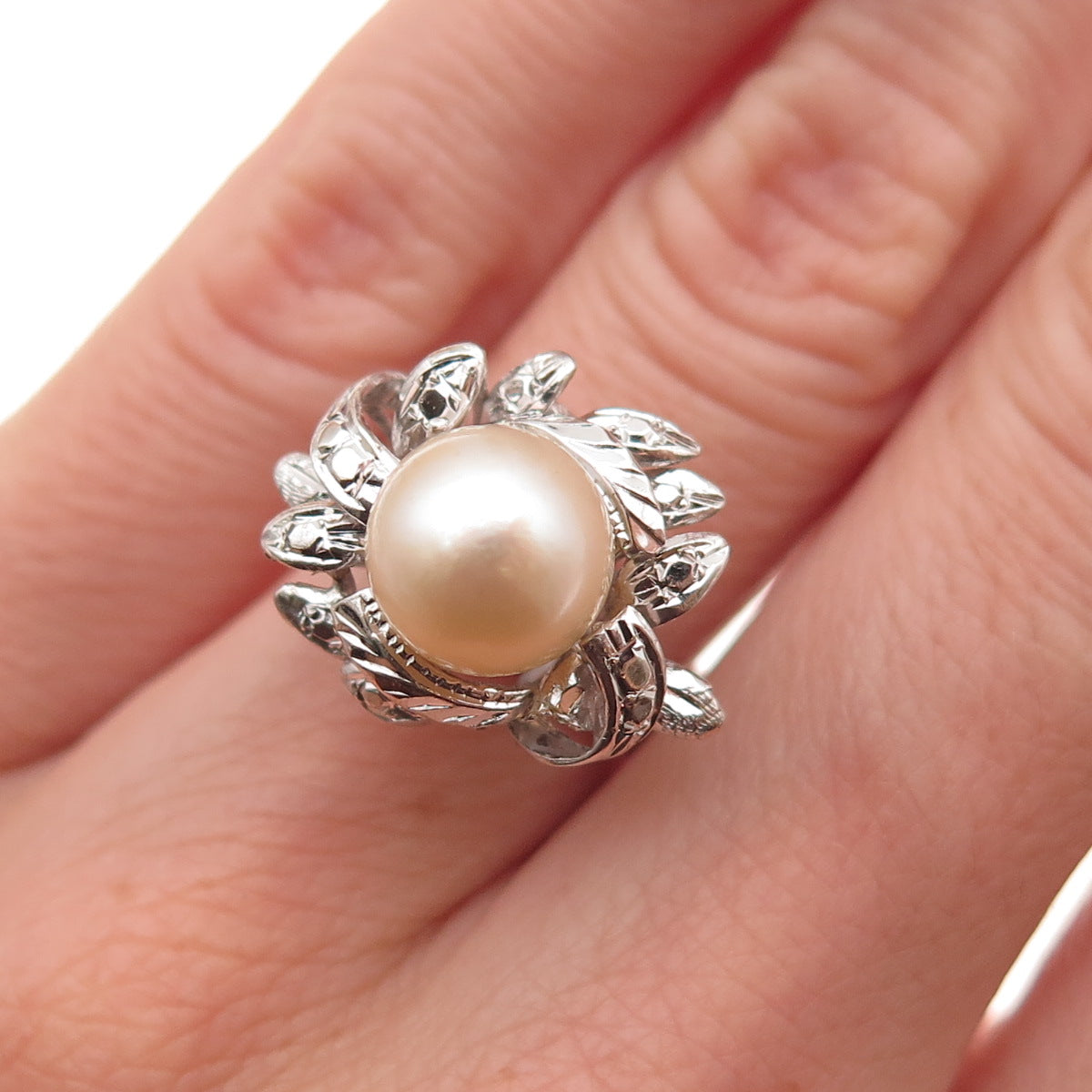 925 Sterling Silver Antique Chinese Export Real Pearl Ring Size 5.5