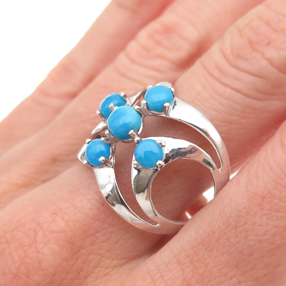 925 Sterling Silver Real Sleeping Beauty Turquoise Floral Ring Size 8.25