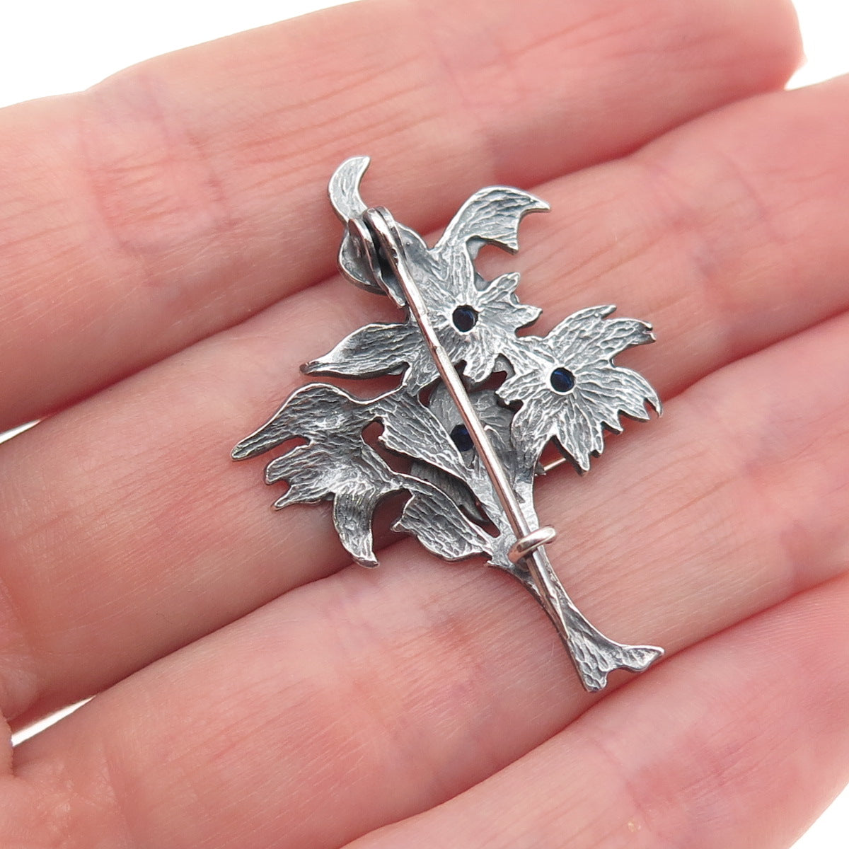 925 Sterling Silver Vintage Poland Blue Rhinestone Flower Oxidized Pin Brooch