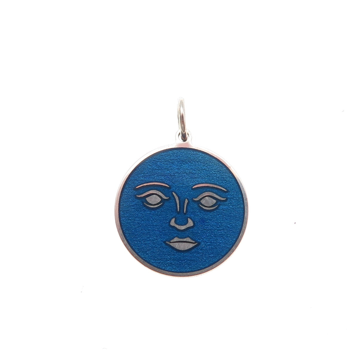 925 Sterling Silver Blue Enamel Moon Face Round Tag Mini Charm Pendant