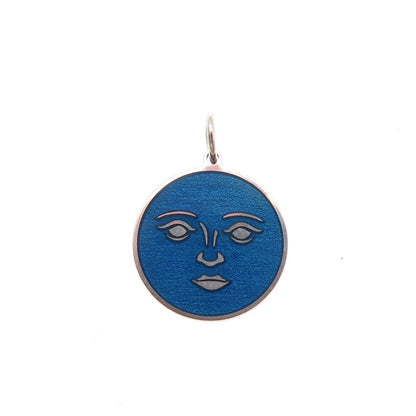 925 Sterling Silver Blue Enamel Moon Face Round Tag Mini Charm Pendant