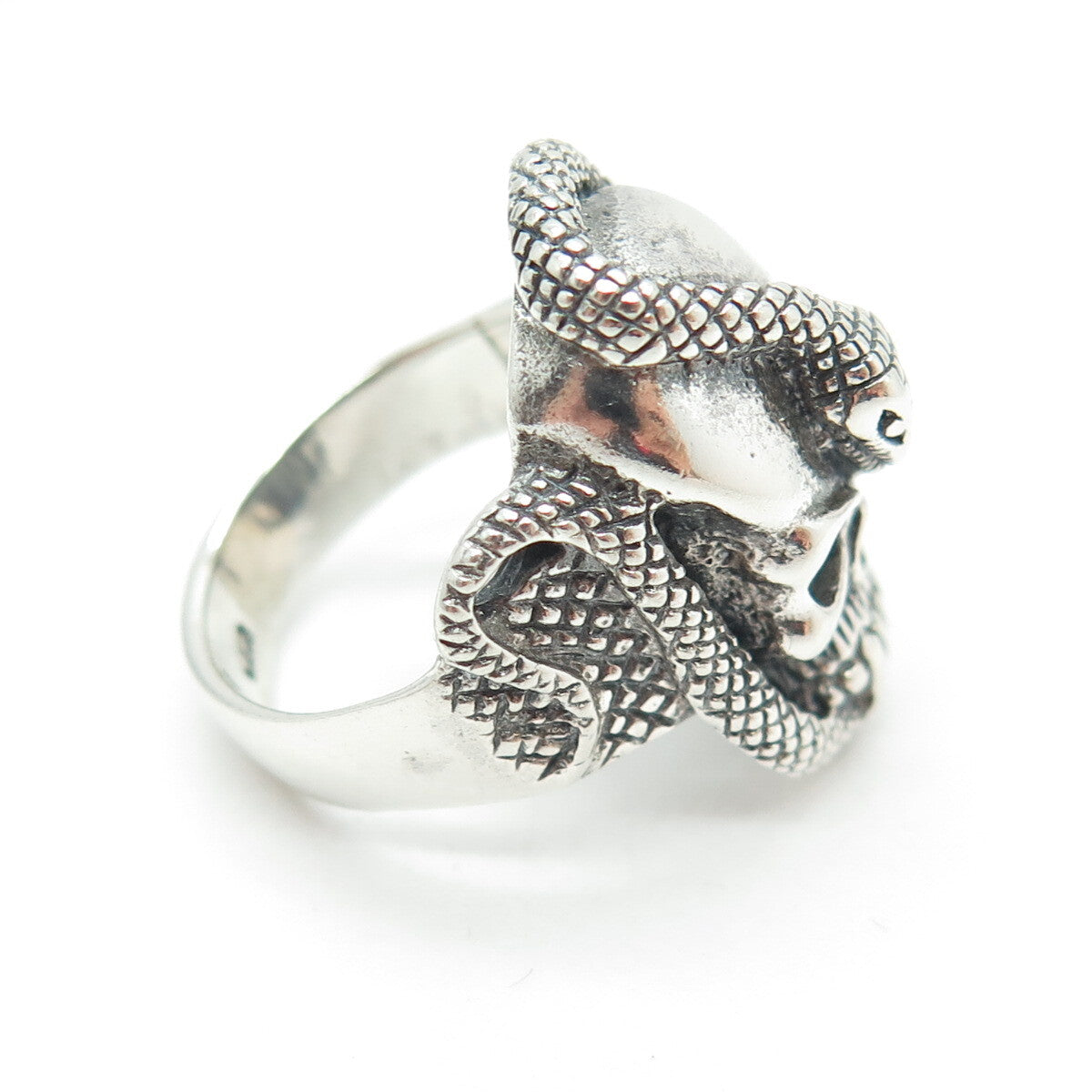 925 Sterling Silver Vintage Skull & Snake Oxidized Biker Ring Size 6.75