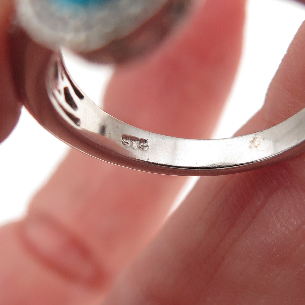 Chuck Clemency 925 Sterling Silver Real Turquoise & White Topaz Ring Size 8.25