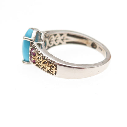 Chuck Clemency 925 Sterling Silver 2-Tone Real Turquoise & Ruby Ring Size 8.25