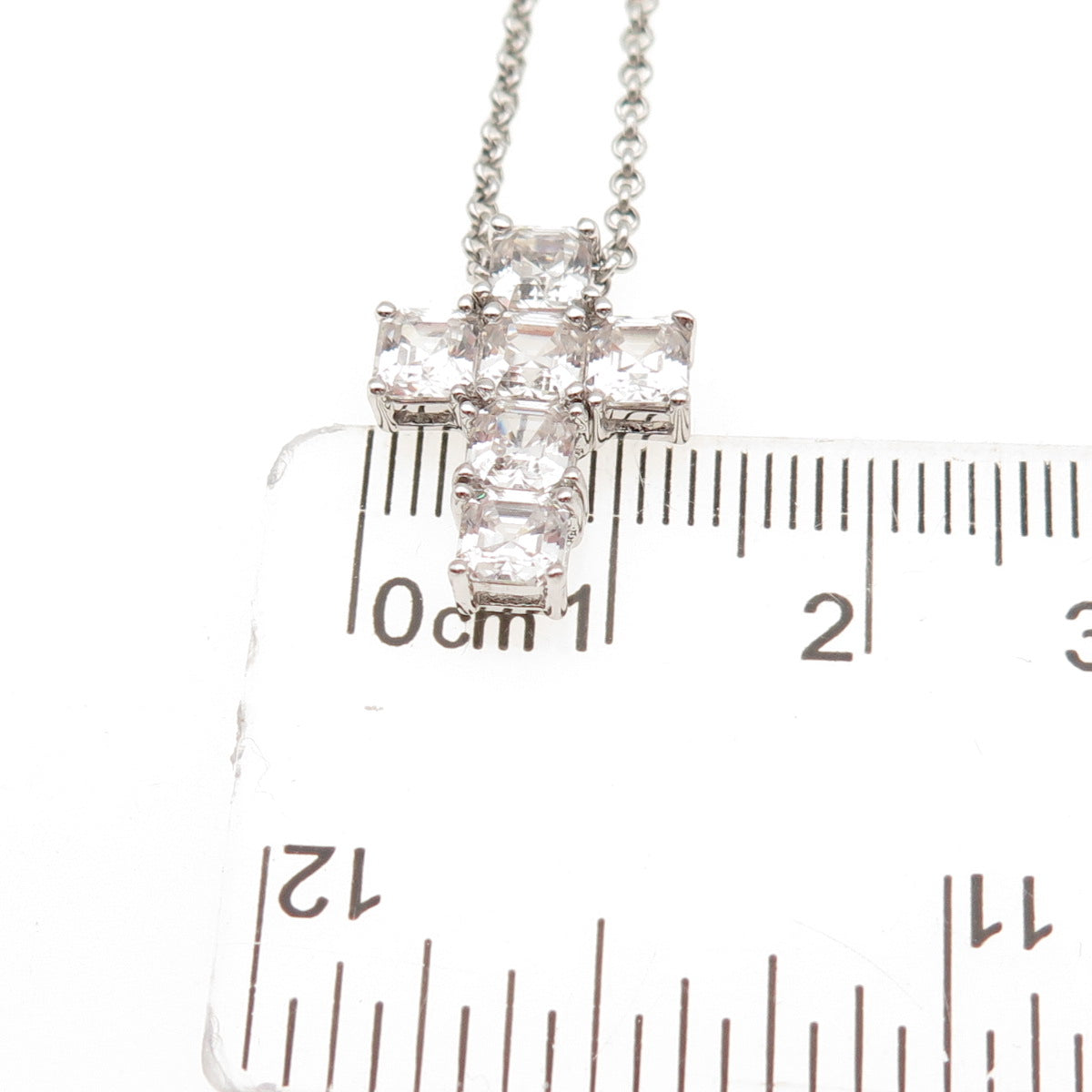 925 Sterling Silver Italy Asscher-Cut C Z Cross Rolo Chain Necklace 16"