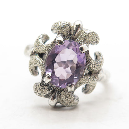 KABANA 925 Sterling Silver Vintage Real Amethyst Statement Ring Size 10.75