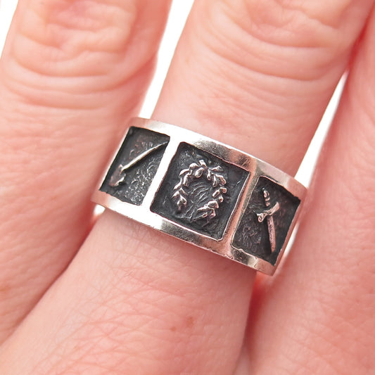 925 Sterling Silver Vintage Sword Wreath Shovel Oxidized Ring Size 6.5