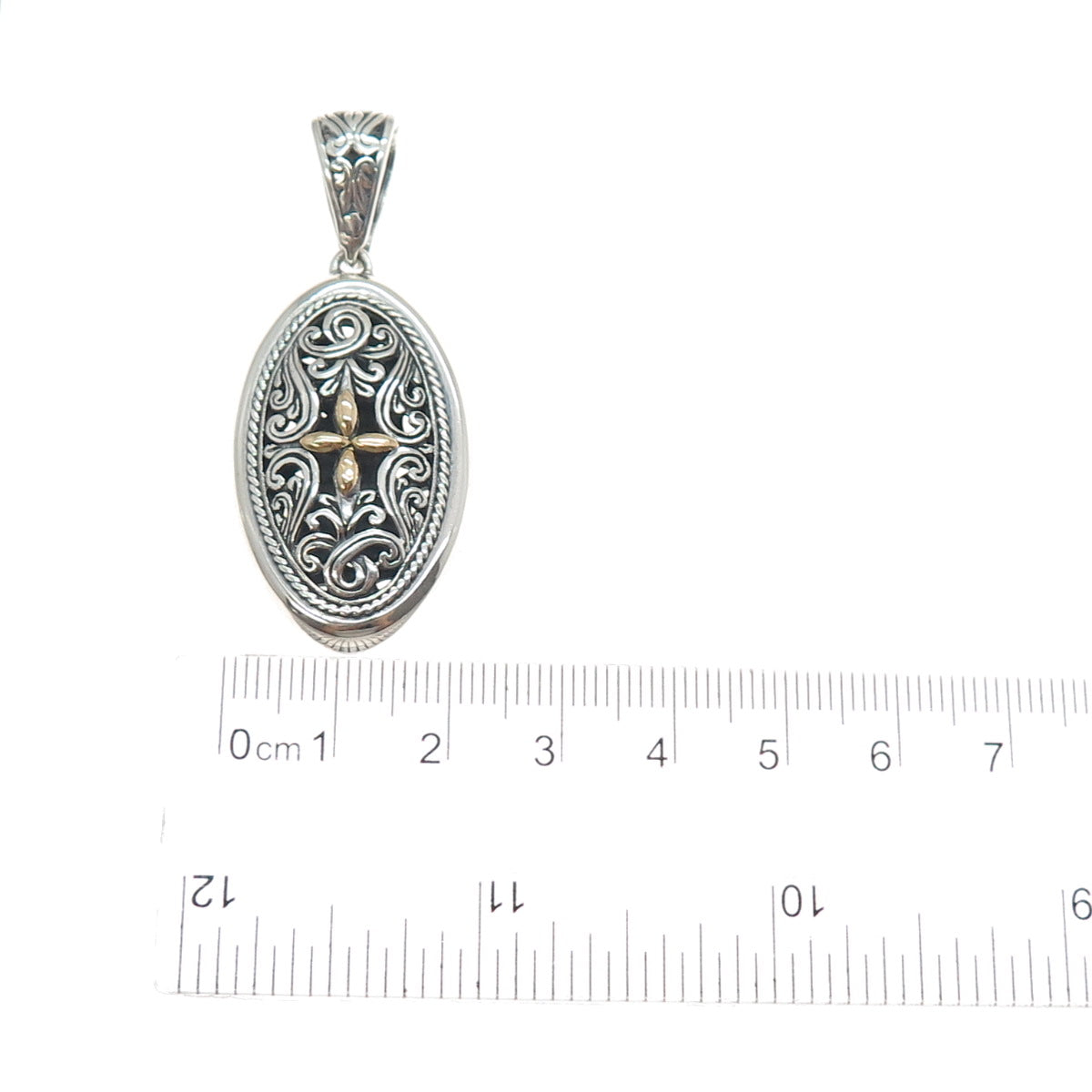 925 Sterling Silver & 18K Gold Vintage Ornate Flower Oxidized Charm Pendant
