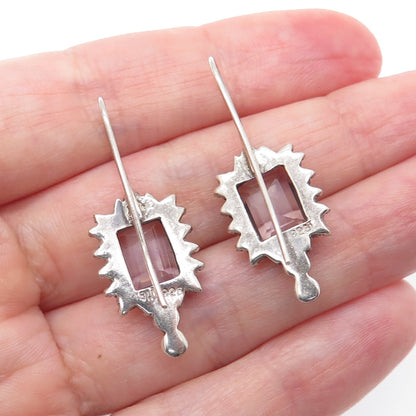 925 Sterling Silver Vintage Real Emerald-Cut Amethyst Granulated Dangle Earrings