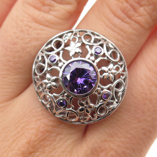 925 Sterling Silver Real Round-Cut Amethyst Ornate Flower Ring Size 8.25