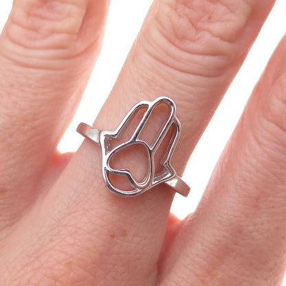 925 Sterling Silver Heart Hamsa Amulet Ring Size 7