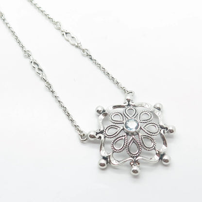 925 Sterling Silver Blue Topaz Gem Ornate Pendant Rolo Chain Necklace 18"