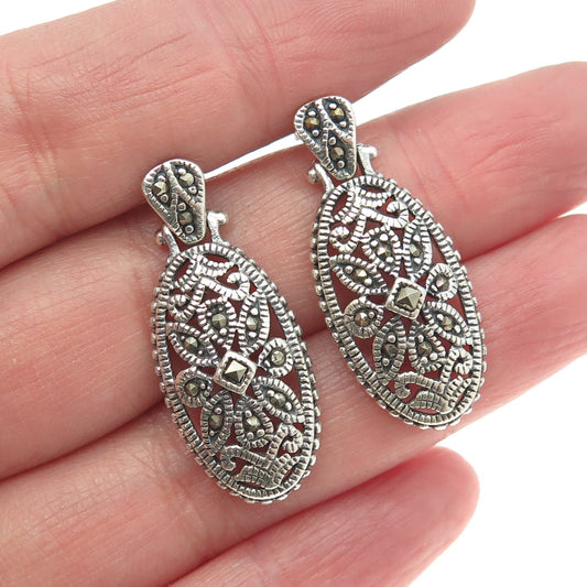 925 Sterling Silver Vintage Real Marcasite Floral Art Deco Style Earrings