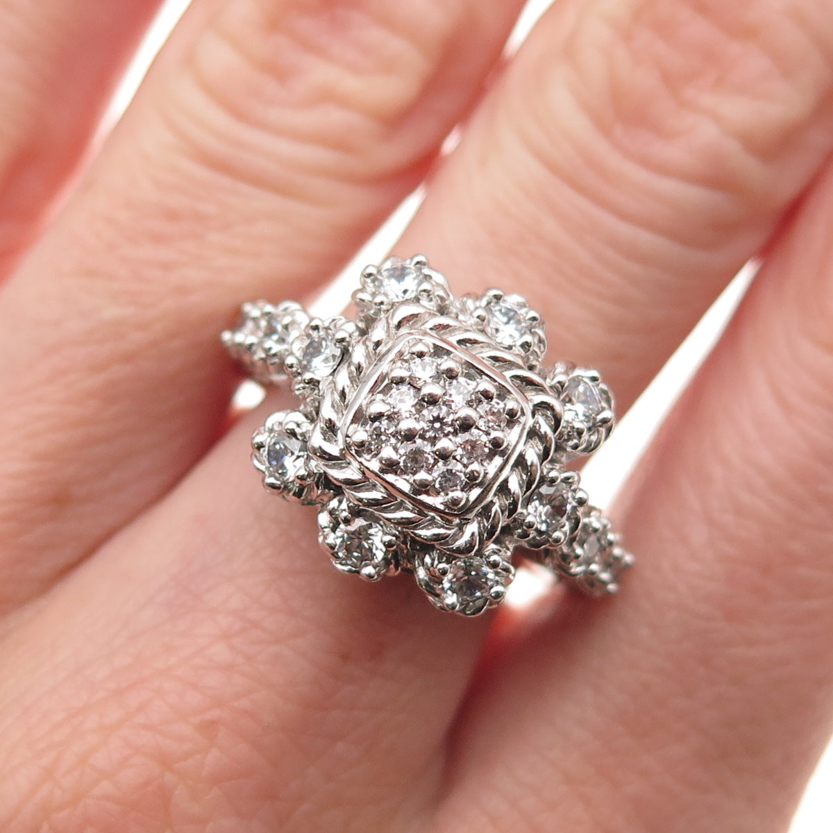 Judith Ripka 925 Sterling Silver Round-Cut C Z Adjustable Ring Size 6.5