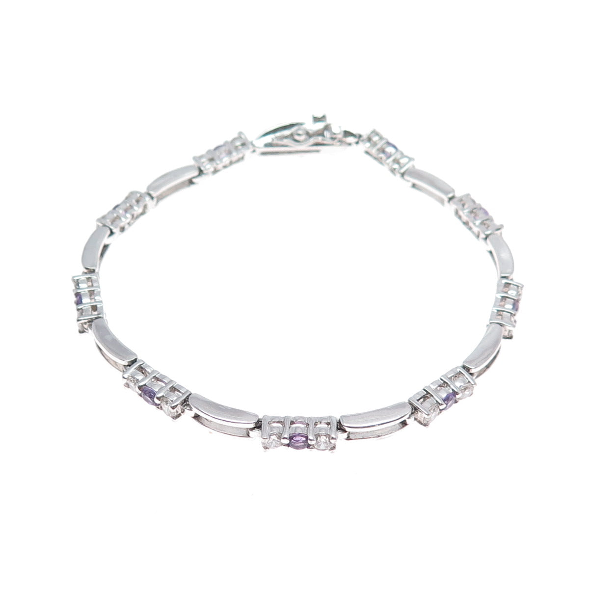 925 Sterling Silver Real Amethyst & C Z Station Tennis Link Bracelet 7.25"