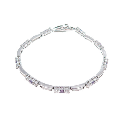 925 Sterling Silver Real Amethyst & C Z Station Tennis Link Bracelet 7.25"