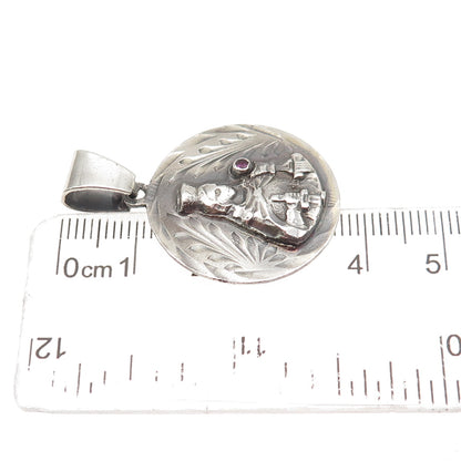 925 Sterling Silver Vintage Real Ruby Saint Barbara Oxidized Medal Pendant