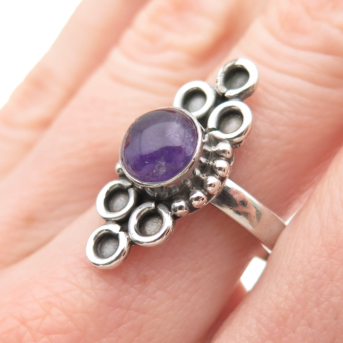 925 Sterling Silver Vintage Real Amethyst Modernist Oxidized Ring Size 8.5